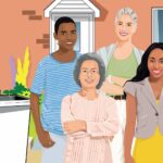 an image of a group of people standing outside a house near their bins