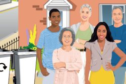 an image of a group of people standing outside a house near their bins