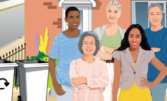 an image of a group of people standing outside a house near their bins