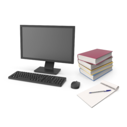 a study desk with a computer and books