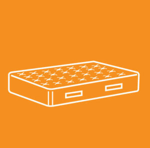white outline image of a mattress on an orange background
