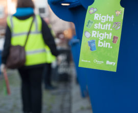 Right stuff, right bin tag on a blue wheelie bin