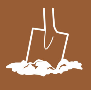 white outline of a shovel digging in the ground o a brown background