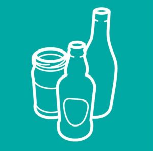 white outline images of 2 glass bottles and 1 glass jar on a blue background