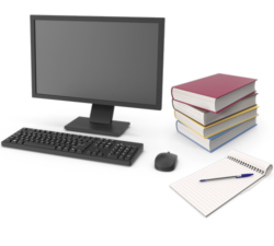 Desktop computer with a pile of books, pen and a notepad
