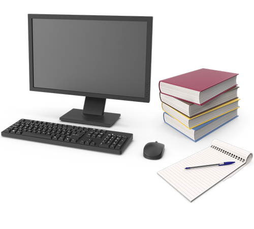 Desktop computer with a pile of books, pen and a notepad