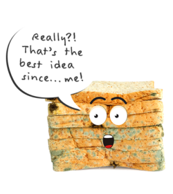 Mouldy Bread with cartoon face and speech bubble - Really?! That's th best idea since...me!
