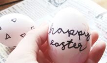 Hand holding an egg with happy Easter written on it