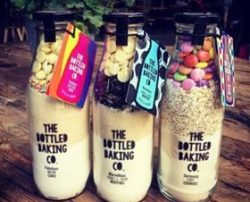 Cake ingredients in a branded bottle