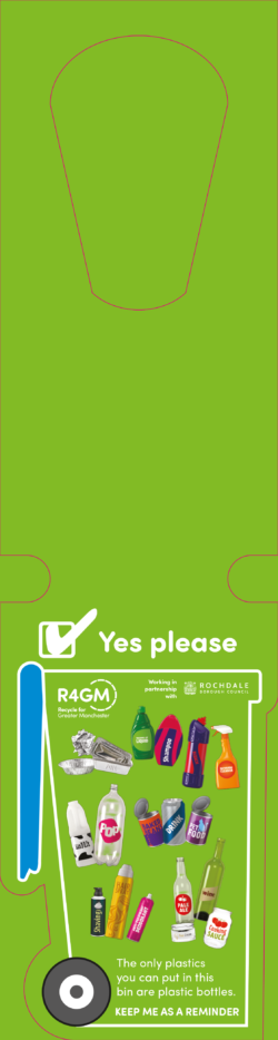Bin tag showing what can be recycled in the green bin with a blue lid in Rochdale