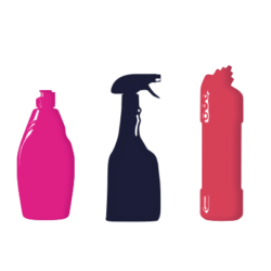 Pink washing up liquid bottle, navy trigger spray bottle and red bleach bottle