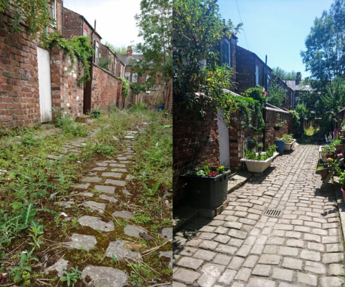 cobbled alleyway overgrown with moss and weeds transformed into alleyway with cleaned cobbles and planters