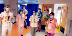 Hospital staff wearing scrubs made out of upcycled duvets