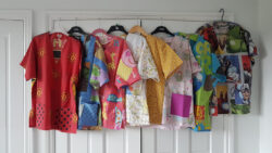 Scrubs made out of duvet covers hanging on a wardrobe door