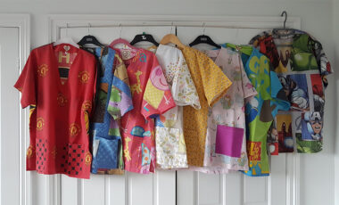 Scrubs made out of duvet covers hanging on a wardrobe door