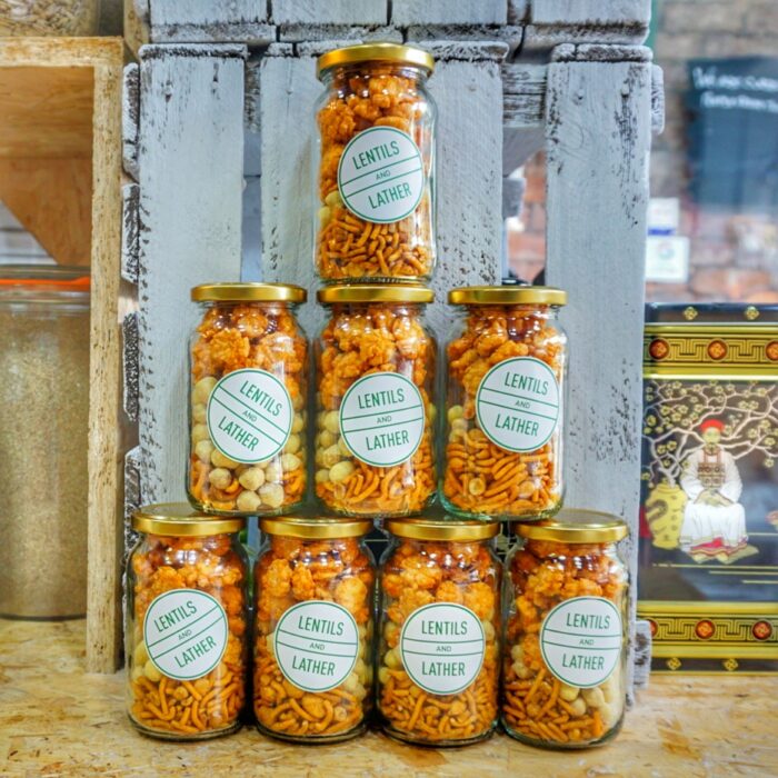 savoury snacks in glass jars stacked