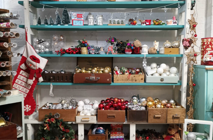 Shelves with Christmas decorations 