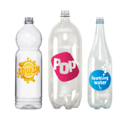 Three plastic bottles, squash, pop and sparkling water