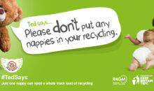 Teddy bear with text bubble that reads please don't put nappies in your recycling and two babies in nappies.