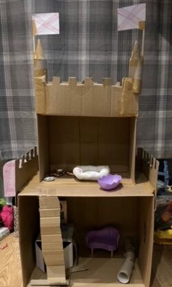 Castle made from cardboard boxes and recycled materials