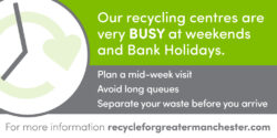 recycling infographic, reads: Our recycling centres are very busy at weekends and bank holidays. plan a mid week visit avoid long queues separate your waste before you arrive