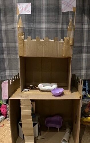 Fort made out of recycled materials and cardboard