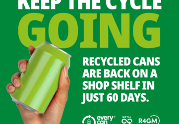 A hand holding a green can. Text reads: Keep the cycle going. Recycled cans are back on a shop shelf in just 60 days.
