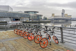 View across Salford Quays, Manchester with hire bikes