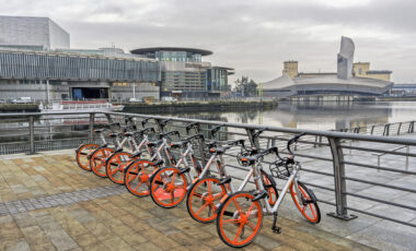 View across Salford Quays, Manchester with hire bikes