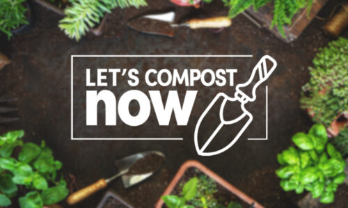 Soil with plants all around and the Lets compost now logo