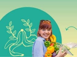 Image of lady with a big grin, holding lots of fruit and vegetables