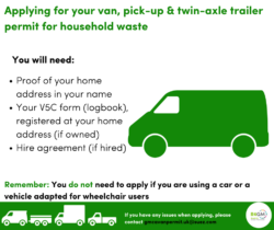 Image with text reading - applying for your van, pick up, and twin axle trailer permit for household waste you will need: proof of your home address in your name your V5C form (logbook), registered at your home address (if owned) hire agreement (if hired) remember: you do not need to apply if you are using a car or a vehicle adapted for wheelchair users. if you have any issues when applying, please con tact gmcavanpermit.uk@suez.com