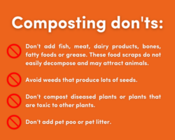List of composting donts: Don't add fish, meat , dairy products, bones, fatty foods or grease. These food scraps do not easily decompose and may attract animals. Avoid weeds that produce lots of seeds. Don't compost diseased plants or plants that are toxic to the other plants. Don't add pet poo or pet litter.