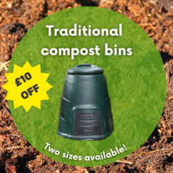 Image of traditional compost bin, with wording traditional compost bins, two sizes available! £10 off