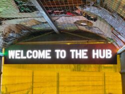 Image of illuminated sign reading 'Welcome to the hub'