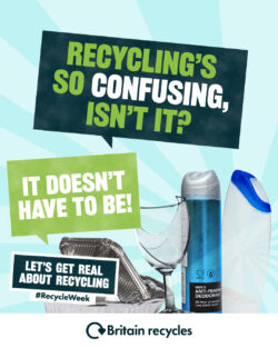 Image of different household plastic, glass and tin items with the text - recyclings so confusing, isn't it? it doesn't have to be! lets get real about recycling #recycleweek
