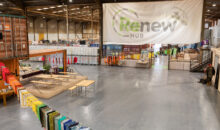 Birds eye view of Renew hub. Image includes washing line with different coloured pieces of fabric on it.