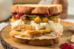 Image of sandwich made up of leftover food from Christmas dinner.