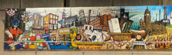 Image of mural painted by a artist at the renew hub. Includes identifiable landmarks of all nine districts across Greater Manchester.