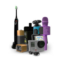 Image of battery operated items including electric toothbrush, razor, alarm, microphone and two different types of batteries.