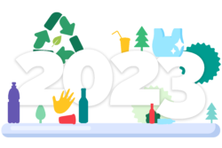 Displays the year 2023 with a variation of cartoon images around the numbers. including recycling arrow symbol, glass bottles, trees and plastic bag.
