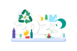 Displays the year 2023 with a variation of cartoon images around the numbers. including recycling arrow symbol, glass bottles, trees and plastic bag.