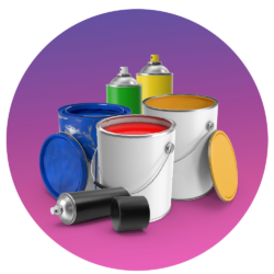 Image of a variation art items includes yellow, green and black spray cans and blue, red and orange paint cans.
