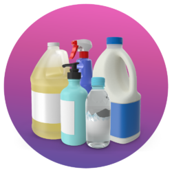 Image of variety of Plastic bottle shaped household items. includes milk carton, water bottle, lotion bottle, spray cleaning bottle and one large cleaning bottle.