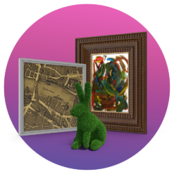 Image of three types of artwork. One large frame with homemade art in, second frame with birds eye view of city, and the third a bunny shaped statue made from green teddy material.