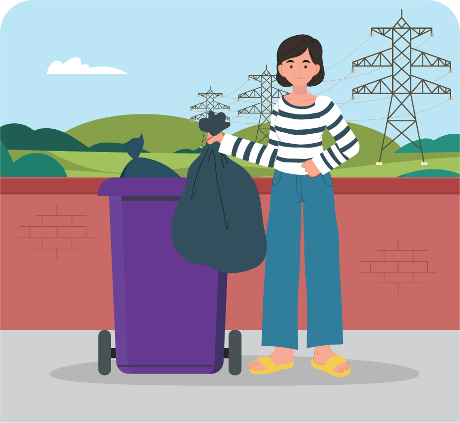 person putting bin bag into a wheelie bin