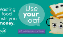 Green banner with slices of bread with animated confused faces, alongside the words 'wasting food costs you money'. Use your loaf. #FoodWasteActionWeek