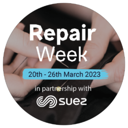 Image of hands pinning and sewing black material, with the words Repair week 20th – 26th March 2023, in partnership with Suez