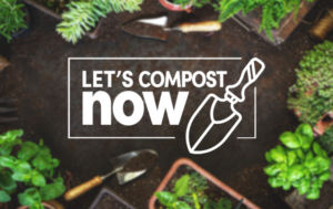 Let's compost now logo surrounded by potted plants