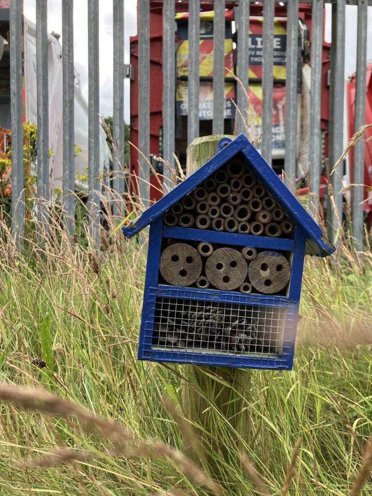 Wooden bug hotel, painted blue in long grass next to metal fence